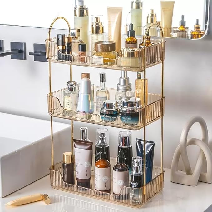 Bathroom Organizer Countertop, Vanity Trays for Bathroom, Skincare Makeup Organizer Shelf, Vanity Organizer, Bathroom Counter Shelf for Cosmetics, Toiletries, Lotions, Perfumes (3 Tiers, Amber)-NeatNest