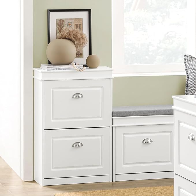 Haotian Small Shoe Cabinet, White 2 Flip Drawers Freestanding Shoe Rack, Shoe Storage Cupboard Organizer (9.45" D x 20.87" W x 32.28" H), FSR78-W-NeatNest