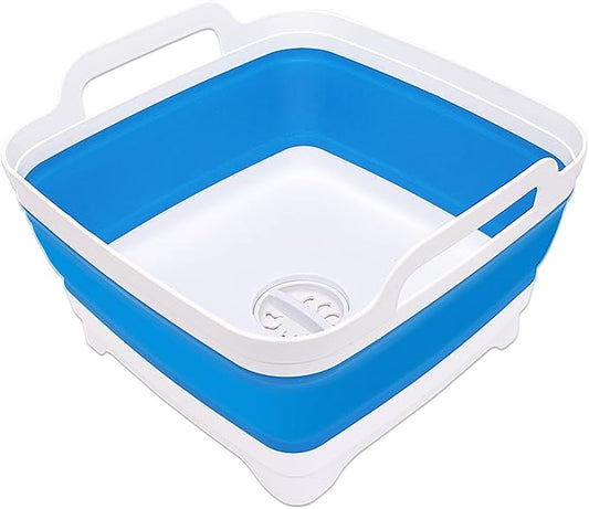2.4 Gal(9L) Collapsible Dish Basin with Drain Plug, Space Saving Outdoor Multiuse Foldable Sink Tub, Dishpan, Kitchen Storage Tray for Camping, Vegetable Washing, RV (Blue)-NeatNest