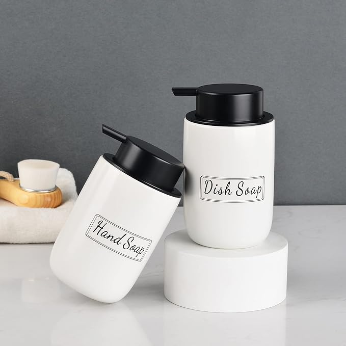 BosilunLife White Soap Dispenser Set - 2 Pack 12oz Ceramic Dish Soap Dispenser with Rust Proof Pump for Kitchen, Hand Soap and Lotion Set Suitable for Farmhouse Bathroom Decor with Waterproof Labels-NeatNest