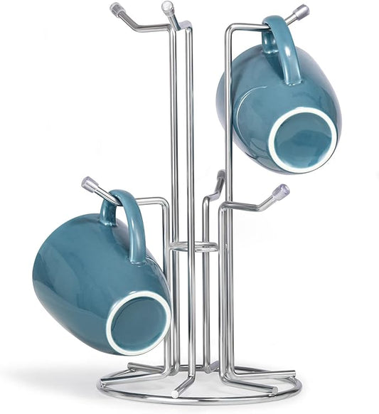 HULISEN Coffee Mug Holder for Countetop, Cup Tree for Counter Large Mugs with 6 Hooks, Metal Cup Holder Stand, Standing Rack Display for Coffee Bar, Silver-NeatNest