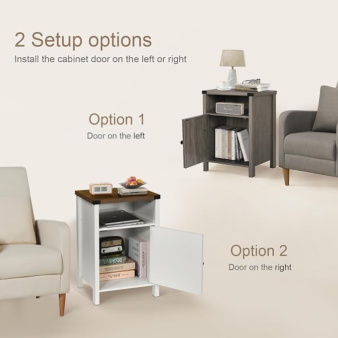 Catrimown Farmhouse End Table, Nightstand Set of 2, Rustic Night Stand with Barn Door and Storage Shelf, White End Table, Side Table for Bedroom Living Room, White-NeatNest