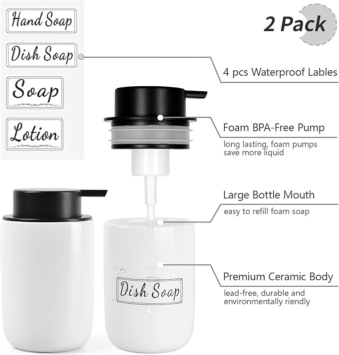 BosilunLife Foaming Soap Dispenser Set - White Ceramic Foam Hand Dispenser 12oz Soap Dispenser Set with Rust Proof Pump, 4Pcs Clear Stickers for Kitchen, Bathroom - 2 Pack-NeatNest