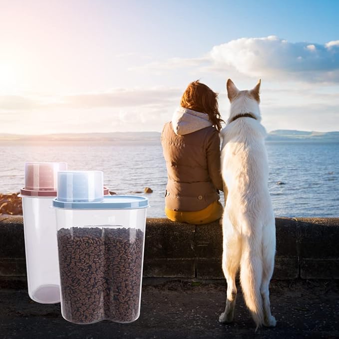 GreenJoy 2 Pack 2lb/2.5L Pet Food Storage Container with Measuring Cup, Can Covers and Bowl for Small Dog, Cat, Waterproof-BPA Free (Blue and Pink)-NeatNest
