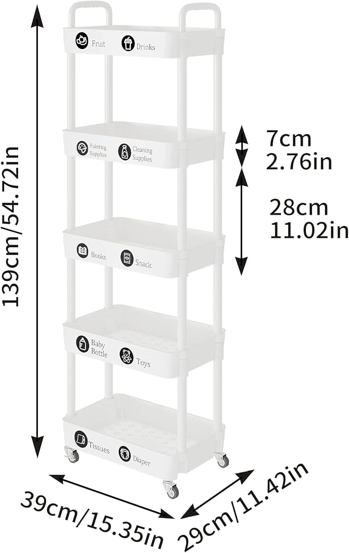 Laiensia 5-Tier Rolling Cart with Wheels,Multifunction Utility Storage carts, Kitchen Storage Organizer,Mobile Shelving Unit for Bathroom,Laundry,with Classified Stickers,White-NeatNest
