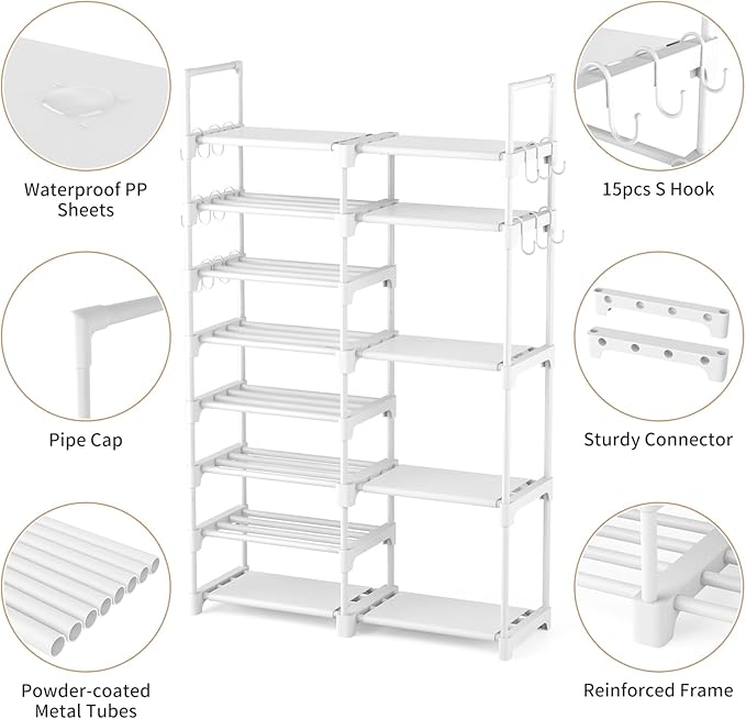 ROJASOP White Shoe Rack, Tall Metal Shoe Rack Organizer for Entryway Closet Garage, 8 Tier Large Shoe Shelf for 26-32 Pairs Boots & Shoes Storage, Space Saving Heavy Duty Shoe Stand-NeatNest