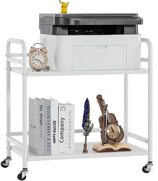 HDANI 2 Tier Under Desk Printer Stand with Storage,Microwave Storage Rack,Metal Rolling Printer Cart with Wheels for Home Office,Utility Storage Cart and Stand,White