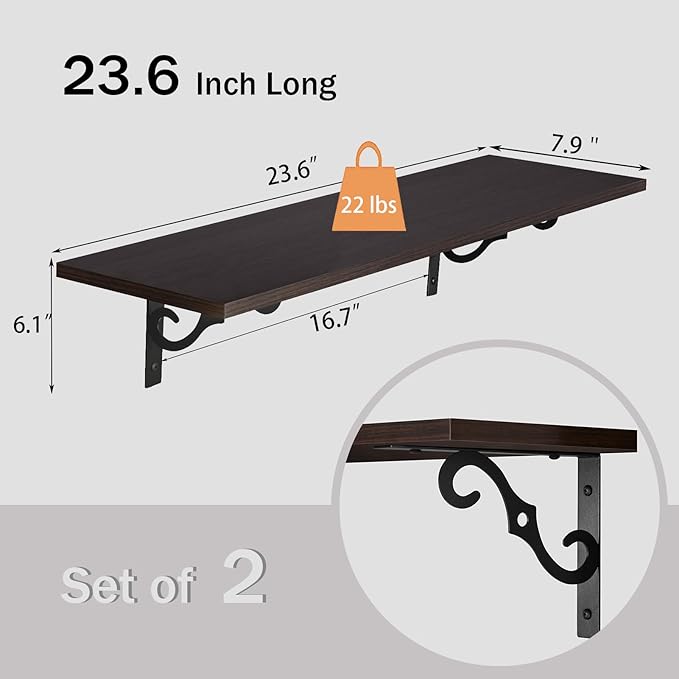 DINZI LVJ Long Wall Shelves, 23.6 Inch Large Floating Shelves Set of 2, Wide Display Shelf Wall Mounted with Brackets, Easy Hanging for Living Room, Toilet, Office, Bedroom, Espresso-NeatNest