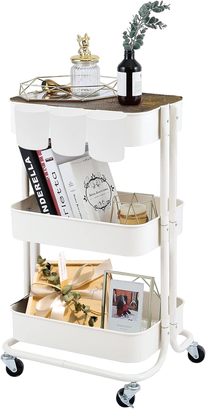 Melody House 3-Tier Metal Utility Rolling Cart Storage Side End Table with Cover Board for Office Home Kitchen Organization, Cream White