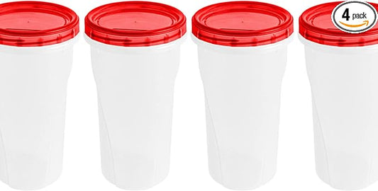 HomeyGear [48 Oz - Red - 4 Pk] Large Deli Food Storage Screw And Seal Containers 48 Oz Stackable Reusable Mirowave Dishwasher Safe Quality Plastic Twist Cap Canisters 4 Pack