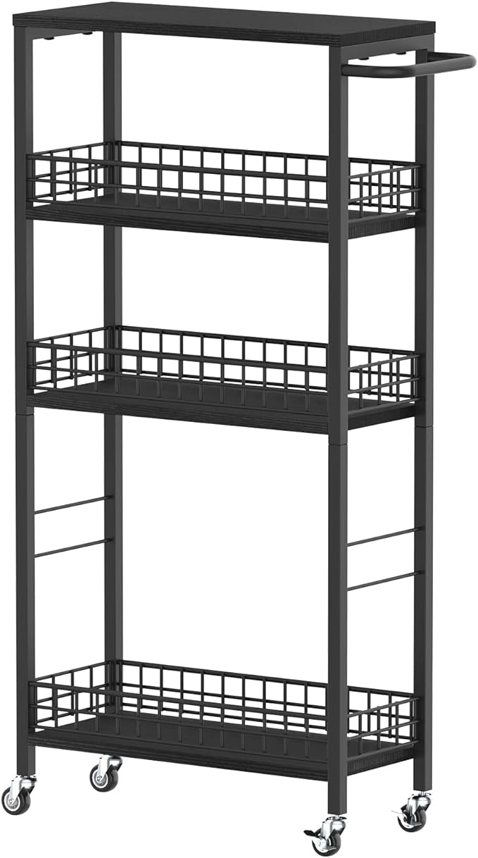 Slim Storage Cart 4 Tier Rolling Kitchen Cart Utility Serving Cart Laundry Room Narrow Cart with Handle Mobile Sheving Unit Organizer Wood Rolling Storage Cart for Bathroom Small Spaces, Modern Black-NeatNest