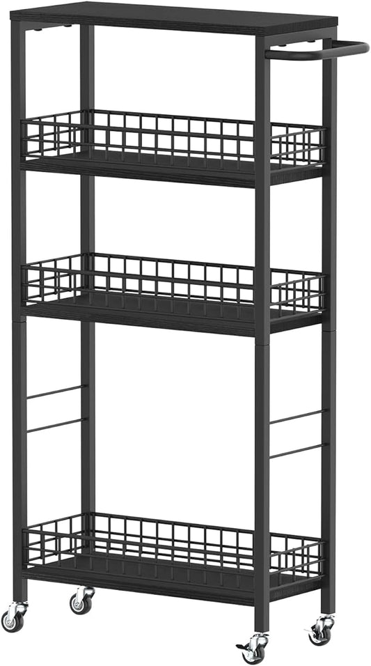 Slim Storage Cart 4 Tier Rolling Kitchen Cart Utility Serving Cart Laundry Room Narrow Cart with Handle Mobile Sheving Unit Organizer Wood Rolling Storage Cart for Bathroom Small Spaces, Modern Black-NeatNest