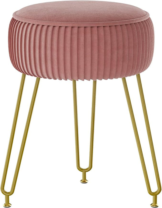IBUYKE Velvet Round Footrest Ottoman, Makeup Vanity Stool Side Table, Velvet Dressing Table Seat, Pouf Couch Stool, Golden Steel Legs, Pink LG-30P