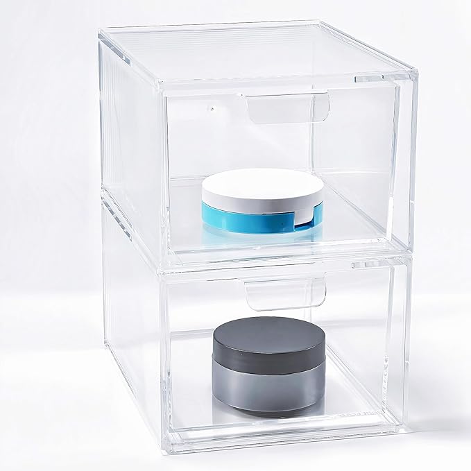 2 Pack Clear Stackable Makeup Organizer, Acrylic Bathroom Storage Drawers with Handles for Vanity, Kitchen Cabinets, Undersink, Pantry, Home Organization and Storage-NeatNest