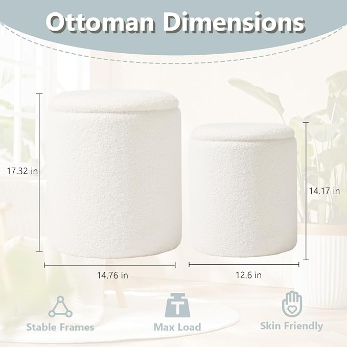 Boucle Round Ottoman with Storage Set of 2,Small Foot Stool Ottoman for Living Room, Small Coffee Table,Vanity Stool with Storage for Bedroom, White-NeatNest
