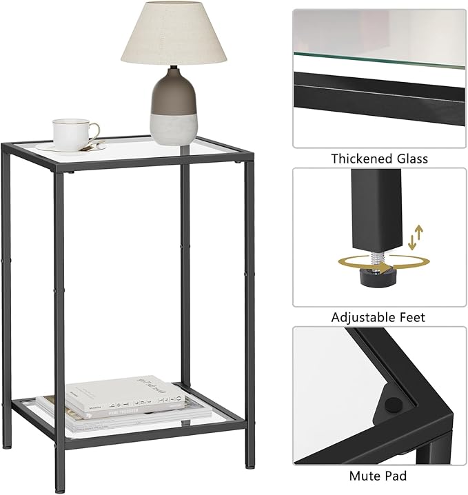 Side Tables Set of 2, End Tables with Tempered Glass, 2-Tier Nightstands with Storage Shelves, Coffee Table with Modern Style, Slim Sofa Table for Living Room, Bedroom, 11.8" D x 15" W, Black