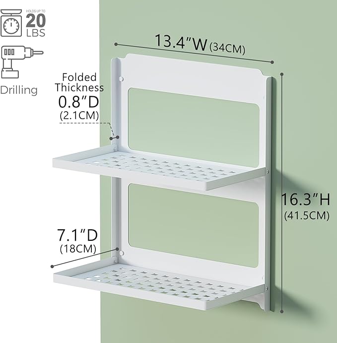 2-Tier Folding Metal Wall Shelf | Wall Mounted Stackable Floating Shelves | Fold Up 90° | Save Space | 13.4 Inch Wide | 2 Levels of Shelves for Laundry Room Bathroom Rv Utility Indoor (White)