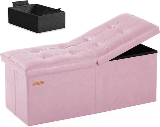HAUSFRAU 31.5 Inches Ottoman with Storage Bench, Folding Ottoman Bench Small Foot Rest Stool, Bedroom Bench with Flipping Lid, Faux Leather Pink