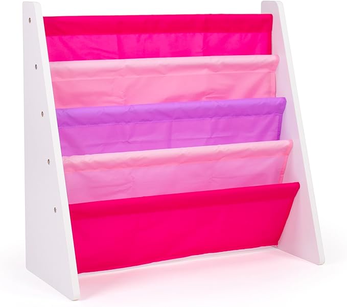 Humble Crew 4-Tier Kids Bookshelf, White Wood/Pink/Purple - Premium Book Shelf for Kids Rooms with Four Deep Pockets - Toddler Sling Book Rack with Deep Sleeves, Nursery Bookcase Organizer