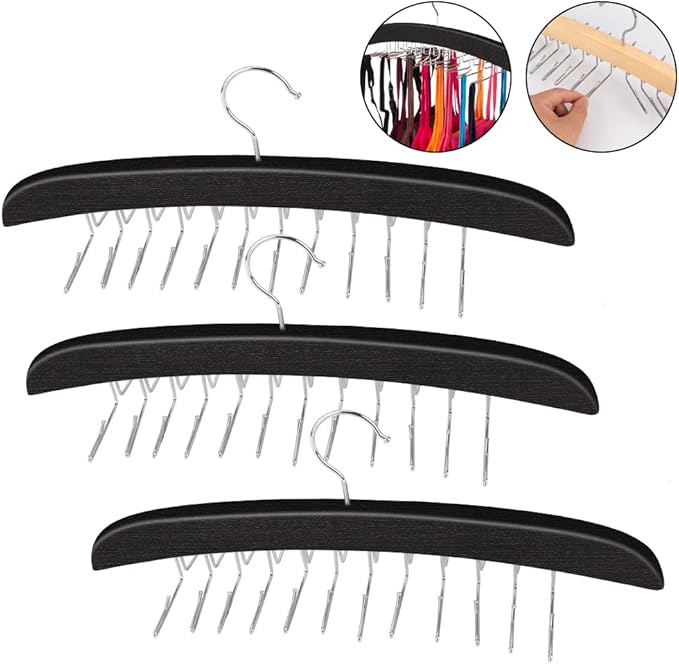 3 Pack Tank Top & Bra Hanger, Tie & Belt Hanger with Natural Wood, 24 Space Saving, 360 Rotating, Foldable Metal Hooks, Closet Organizer and Storage Rack for Tank Tops/Bras/Ties/Belt (Black)-NeatNest