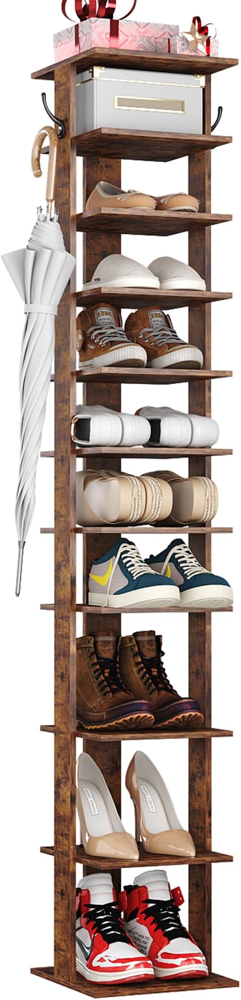 HOMEFORT 10-Tier Vertical Shoe Rack, Corner Shoe Tower, Slim Shoe Organizer with Two Hanging Hooks, Wooden Shoe Storage Stand for Entryway, Hallway, Closet, Rustic Brown-NeatNest