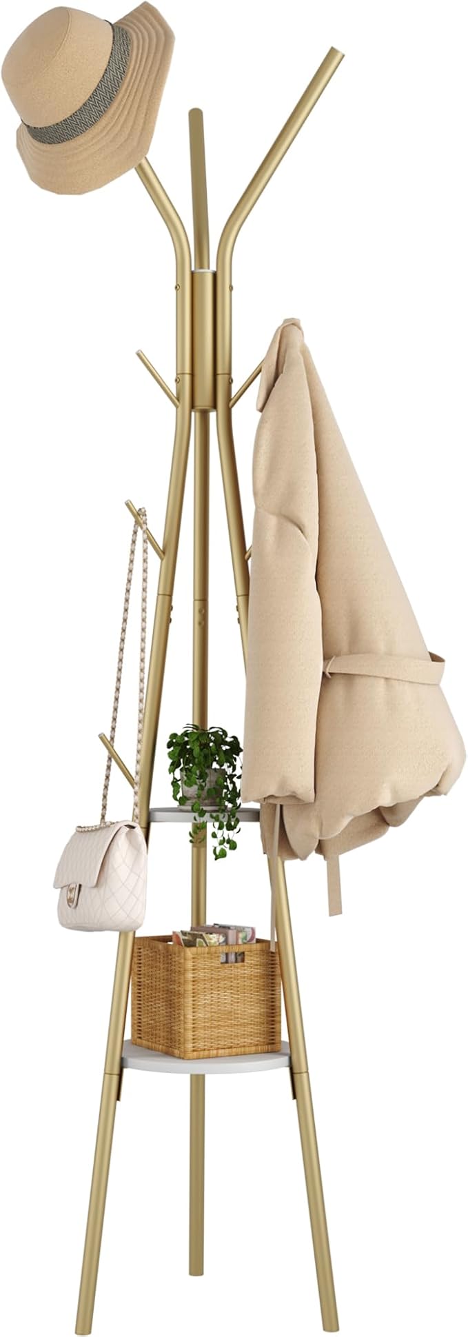 HOMEFORT Coat Rack, Coat Hanger Stand with 2 Shelves, Freestanding Hall Tree, Metal Hat Hanger with 12 Hooks for Clothes Hats and Scarves (Gold)-NeatNest