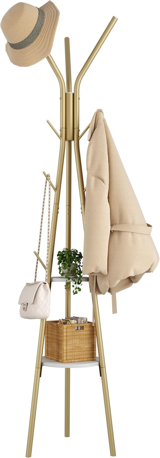 HOMEFORT Coat Rack, Coat Hanger Stand with 2 Shelves, Freestanding Hall Tree, Metal Hat Hanger with 12 Hooks for Clothes Hats and Scarves (Gold)-NeatNest