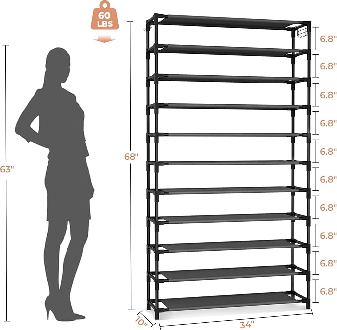 11 Tiers Tall Wide Shoe Rack 55 Pairs Large Capacity Sturdy Durable Shoe Rack for Closet Metal Shoe Organizer Shelf with Two Hooks Space Saving for Entryway Black-NeatNest