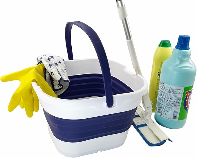 SAMMART 9.5L (2.5 Gallon) Collapsible Rectangular Handy Basket/Bucket (White/Navy Blue)-NeatNest
