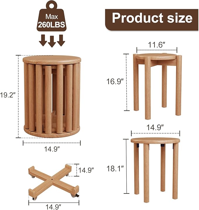 Stackable Stools Set of 4, Wooden Stool 18 Inch Stool Stackable Side Tables Nesting Table Sturdy and Durable, No Installation Required for End Table,Top Stackable Round Stools (Natural Mobile)