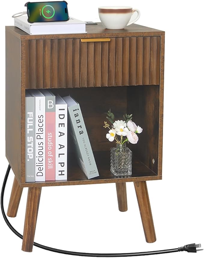 Mid Century Modern Nightstand with Charging Station, Modern Bedside Table with Fluted Drawer and Storage Shelf, End Side Tables Living Room for Bedroom, Office (Rustic Brwon)