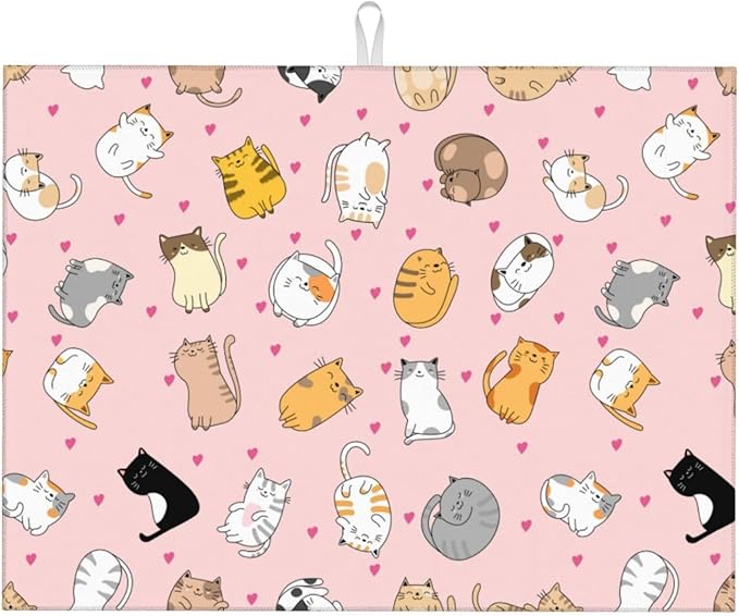 Cute Cat Dish Drying Mat for Kitchen Counter Cute Pink Kitchen Mat Microfiber Kitchen Countertop Absorbent Reversible Drainer Rack Pad Dish Drying Mat 18 x 24 Inch-NeatNest