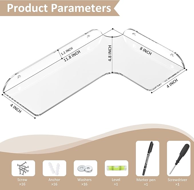8x11.8 Inch Clear Corner Shelf Wall Mount Set of 4, Acrylic Corner Floating Shelves, Wall Organizer Shelf for Bathroom, Kitchen, Bedroom, Living Room, Dining Room, Office
