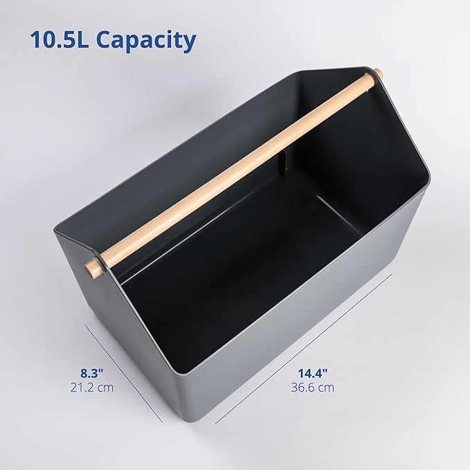 BLUE GINKGO Large Storage Basket – Plastic Caddy with Wooden Handle for Bathroom, Pantry, or Cleaning Supplies (Gray)-NeatNest