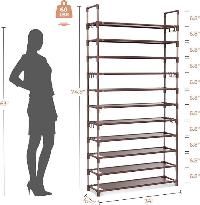 11 Tiers Tall Shoe Rack Holds 55 Pairs of Shoes with 18pcs Hooks Sturdy Wide Shoe Organizer Storage Free Standing Metal Shoe Shelf for Closet, Entryway Brown-NeatNest