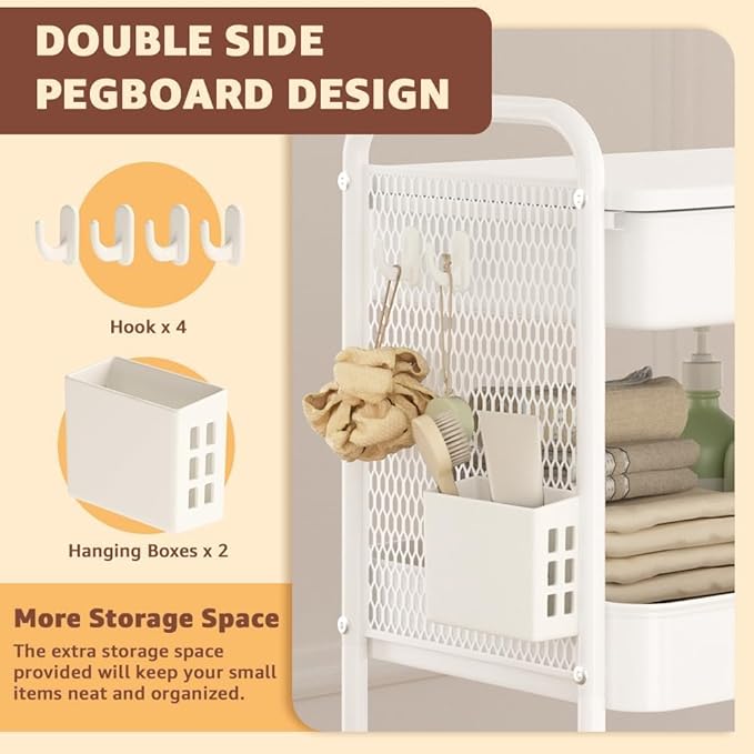 3 Tier Rolling Cart with Drawer, Metal Rolling Utility Cart on Wheels with Pegboard, Art Cart Storage Organizer with Tabletop for Living Room, Office, Bedroom (White)-NeatNest