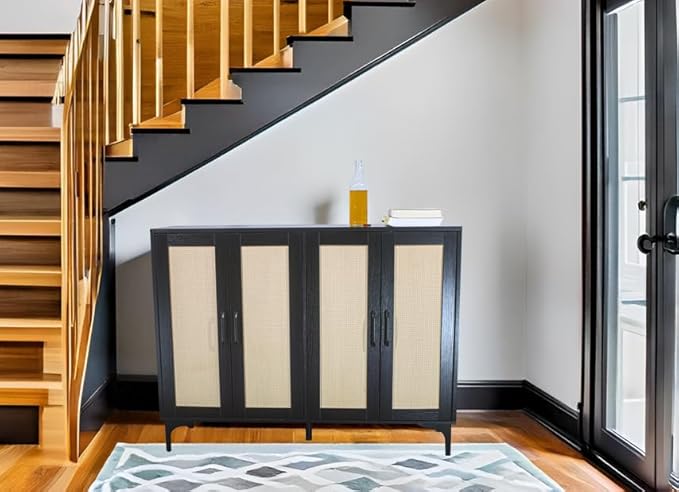 Buffet Sideboard, Side Storage Cabinet, entryway Cabinet, Buffet Sideboard with Rattan, Featuring 4 Doors and Adjustable Shelves, Suitable for Living Room (Black)-NeatNest