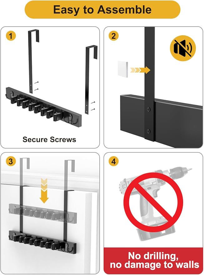 Broom Holder Door Mount, Over the Door Broom and Mop Holder, Drilling-Free Wood Mop Holder with 2 over Door Hooks, 4 Slots & 4 Hooks Rusticfor Garage, Closet, Laundry (Black*2)-NeatNest