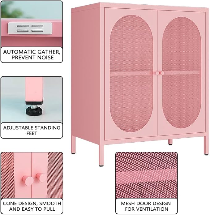 2 Door Metal Mesh Storage Cabinet with 1 Adjustable Shelves-Steel Locker Cabinet for Living Room, Bedroom, Hallway, Office Room, Home, Hotel, Kitchen, Garage, 2-Tier (Mesh Door, Pink)