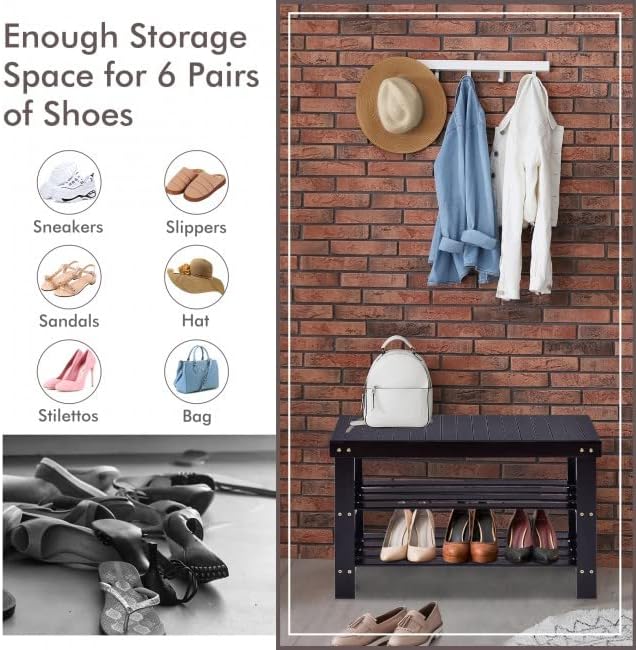 Safeplus 27.5" Bamboo Shoe Rack Bench, 3-Tier Entryway Shoe Organizer, Storage Shelf for Shoes, Slippers, Holds up to 220lbs for Hallway Bathroom Living Room Balcony