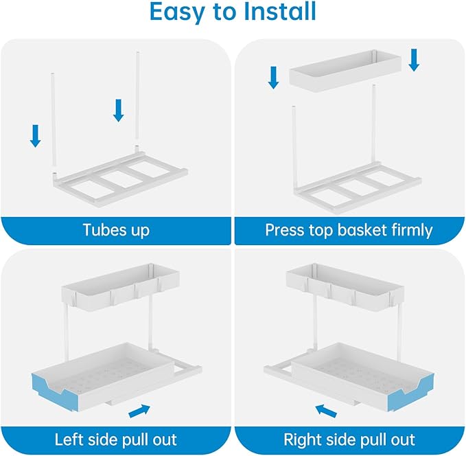 2-Tier Under Sink Organizers and Storage 2 Pack Sliding L-shape Under Cabinet Organizers For Narrow Space Multi-purpose Sink Organizer for Bathroom Kitchen Drawer(White 2 Pack)-NeatNest