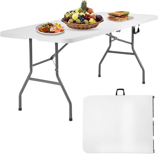 6 Foot Folding Table Small Table Multipurpose Indoor Outdoor Heavy Duty Camping Table Portable Picnic Table Fold-in-Half Utility Dining Table Lock for Picnic, Party, Camping,White-NeatNest