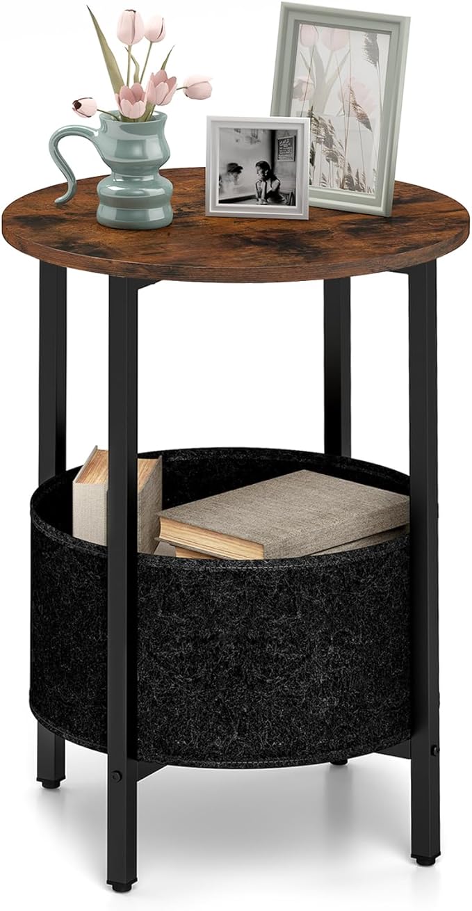 GOFALME Round End Table with Storage, Sofa Side Table with Removable Fabric Basket, Metal Frame, Wooden Top, Industrial, 2-Tier Bedside Table for Living Room, Bedroom, Rustic Brown