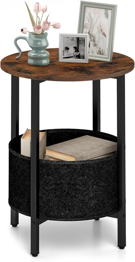 GOFALME Round End Table with Storage, Sofa Side Table with Removable Fabric Basket, Metal Frame, Wooden Top, Industrial, 2-Tier Bedside Table for Living Room, Bedroom, Rustic Brown