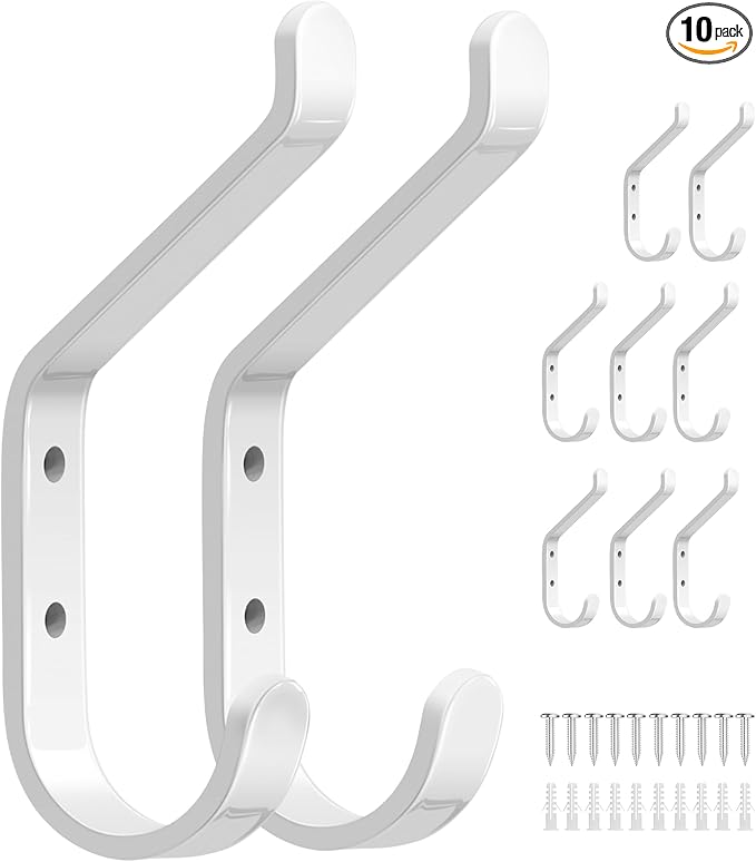 10-Pack Coat Hook for Hanging, 20LB (Max), Stainless Wall Hooks for Towel, Hat, Backpack, Key, Clothes, Wall Mounted Coat Hanger for Closet, Metal, White 3.75“