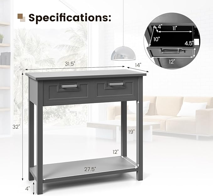 GOFLAME Small Console Table with 2 Drawers, 31” Entry Table with Storage Shelf, Modern, Narrow Sofa Table for Living Room, Hallway, Entrance (Gray)-NeatNest