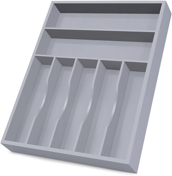 Bellsal Grey Utensil Organizer 12.5 Inch Silverware Tray for Drawer Utensil Holder Cutlery Organizer Kitchen Drawer Organizer 7 Compartment Small Narrow Bamboo-NeatNest