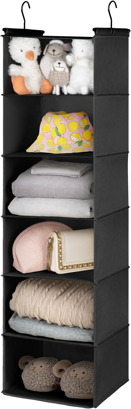 GRANNY SAYS 6 Shelf Hanging Closet Organizers and Storage, Collapsible Closet Hanging Organizer with 2 Sturdy Hooks, Large Hanging Shelves for Weekly Clothes Organizer, Black-NeatNest