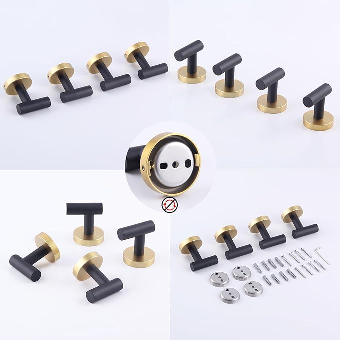 GERZWY Stainless Steel Towel Hook Robe Hook Coat Hook Heavy Duty Wall Mounted Luxury Hooks for Bathroom Hotel 4 Pack (Black & Gold) AG1307B-BD