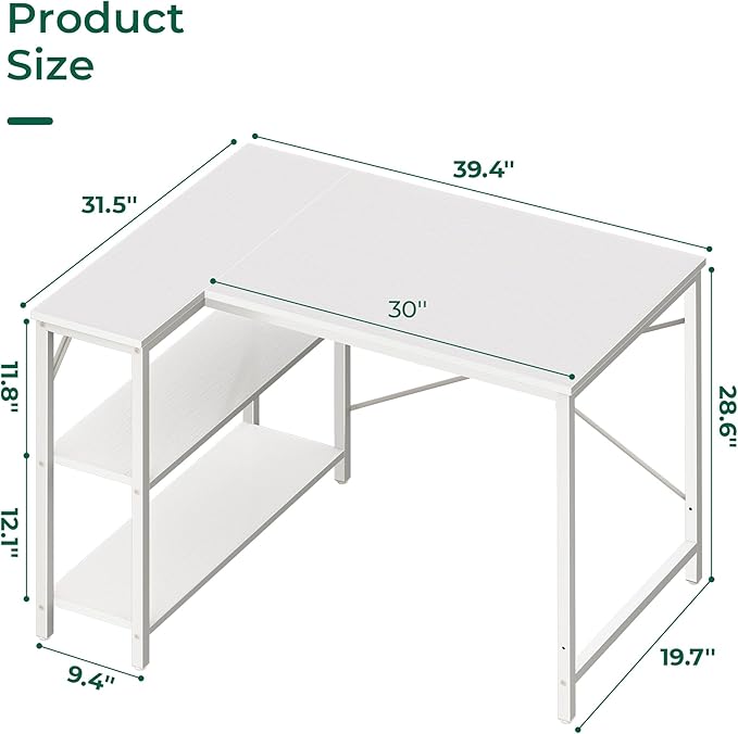 Huuger L Shaped Desk, 39 Inches Computer Desk with Reversible Storage Shelves, for Gaming Corner Home Office Writing Study, Metal Frame, White-NeatNest